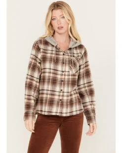 Cleo + Wolf Women's Tau Plaid Print Hooded Flannel Long Sleeve Shirt